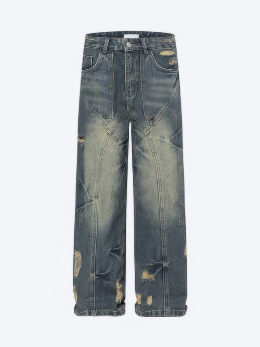 DISTRESSED IRREGULAR STRAIGHT DENIM - Designer Streetwear Brand | SPRAYNPRAY®