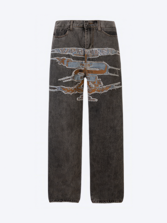 RIPPED WASHED PATCHWORK EMBROIDERY DENIM - Designer Streetwear Brand | SPRAYNPRAY®