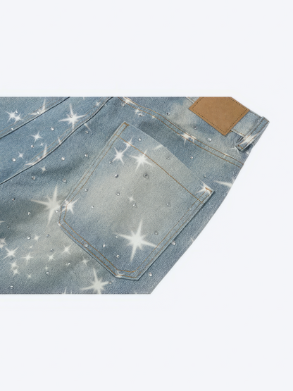 STARS RHINESTONE WASHED BLUE DENIM - Designer Streetwear Brand | SPRAYNPRAY®